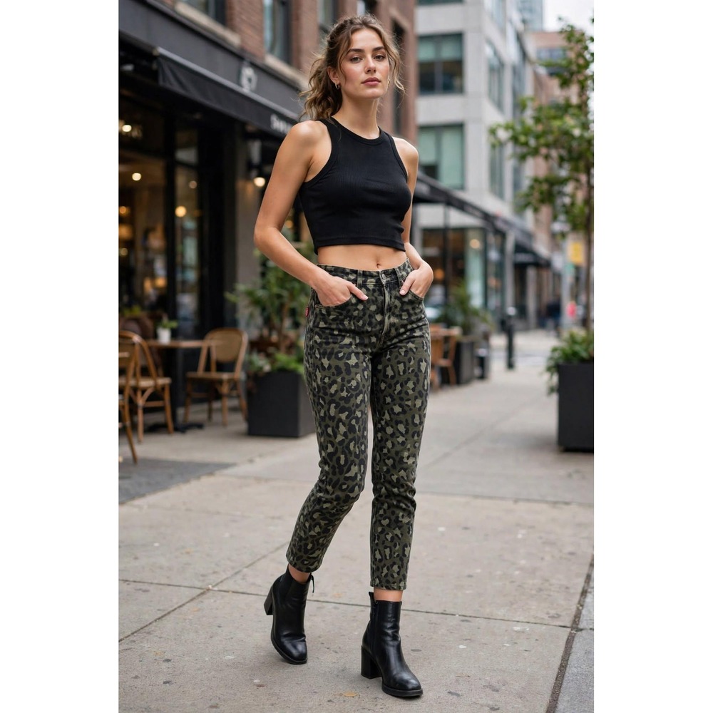 Levi's Womens 27 724 High Rise Straight Crop Leopard Green Black Animal Print